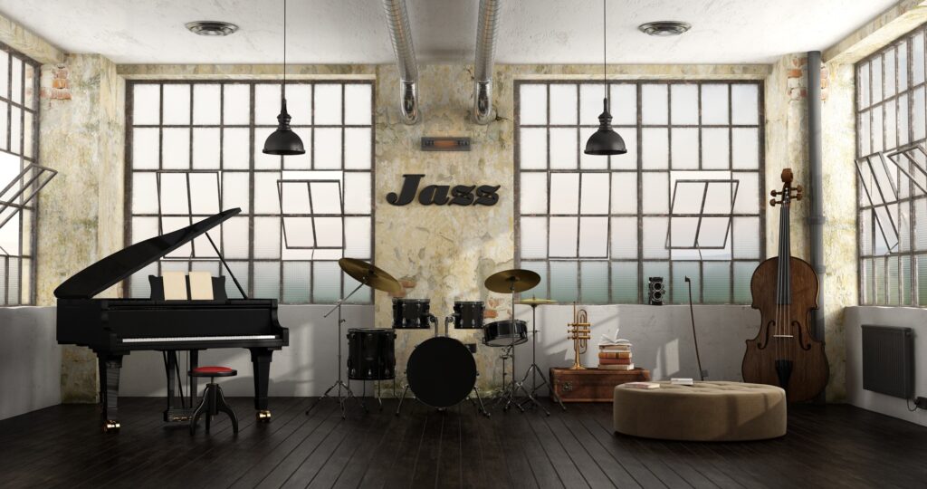 Jazz instruments in a loft